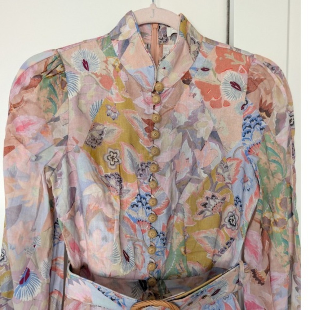 NWOT $950 Zimmermann Illustration Buttoned Belted Floral Linen Mini Dress size 0 - Picture 3 of 9